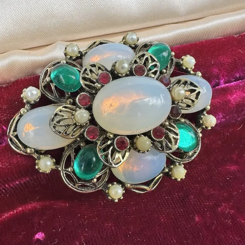 Vintage Emmons Brooch Opalite Cluster Cab Gold Tone Faux Pearl Rhinestone